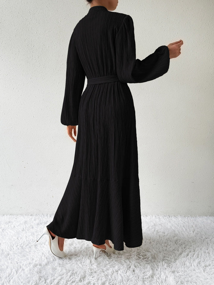 Women's Long-Sleeve Buttoned Maxi Dress with Waist Tie