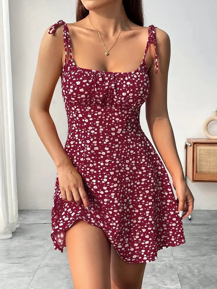 Women's Floral Mini Dress with Tie Straps and Flared Hem
