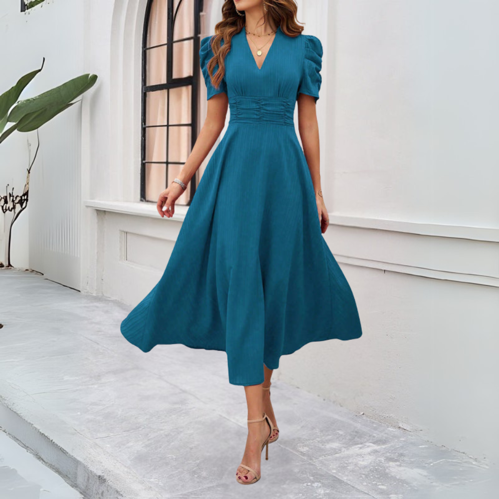 Women's V-Neck Puff Sleeve Maxi Dress with Fitted Waist Detail
