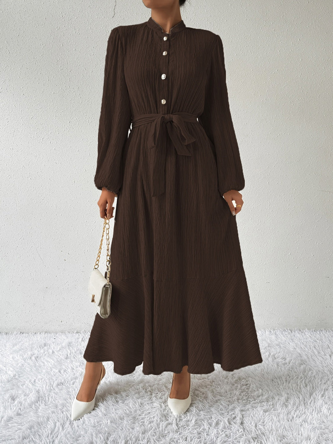 Women's Long-Sleeve Buttoned Maxi Dress with Waist Tie