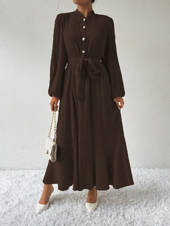 Women's Long-Sleeve Buttoned Maxi Dress with Waist Tie