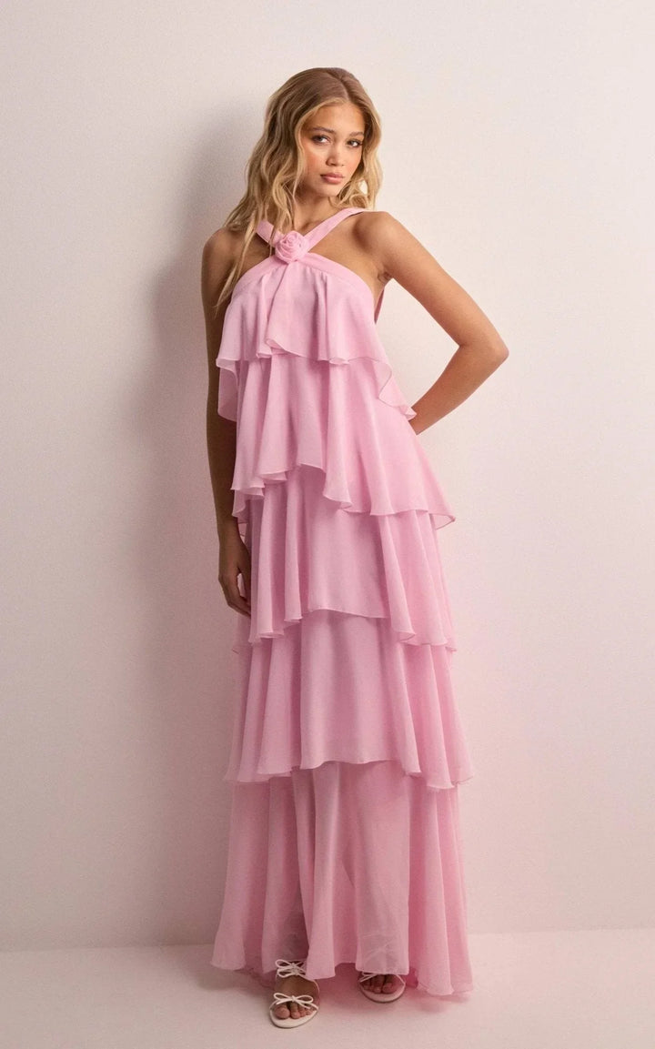 Women's Soft Pink Halter Layered Ruffle Maxi Dress