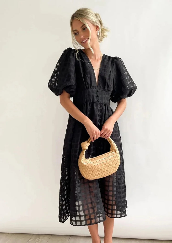 Women's Midi Dress with Puff Sleeves and Grid Pattern