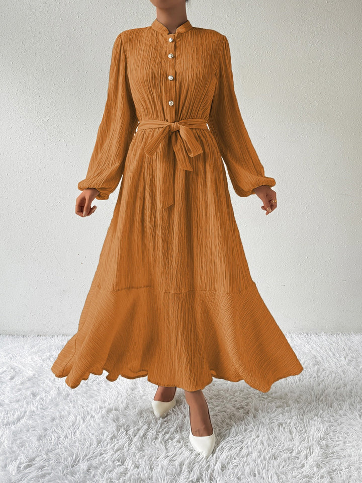 Women's Long-Sleeve Buttoned Maxi Dress with Waist Tie