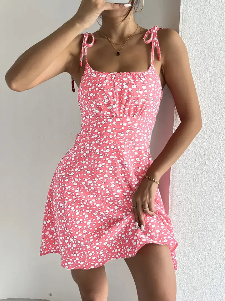 Women's Mini Dress with Floral Print and Tie Straps