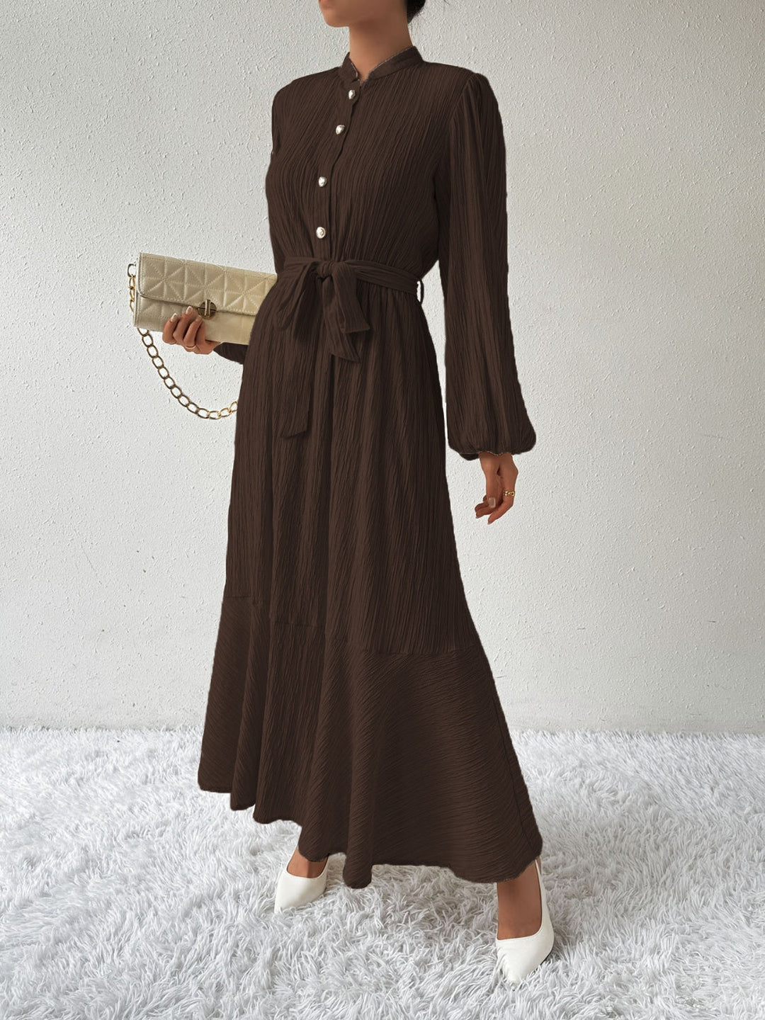 Women's Long-Sleeve Buttoned Maxi Dress with Waist Tie
