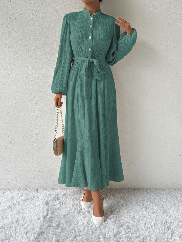 Women's Long-Sleeve Buttoned Maxi Dress with Waist Tie