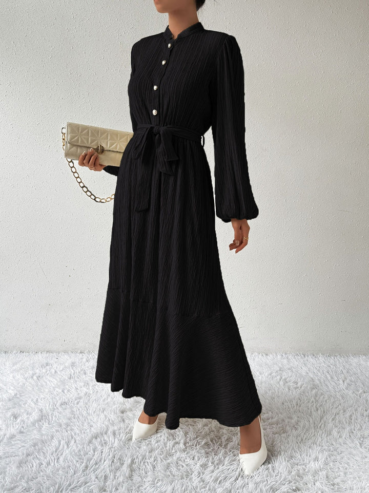 Women's Long-Sleeve Buttoned Maxi Dress with Waist Tie
