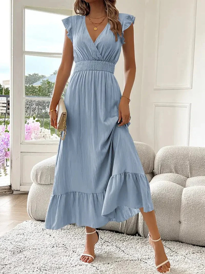 Women's Ruffle Sleeve Maxi Dress with V-Neck and Smocked Waist