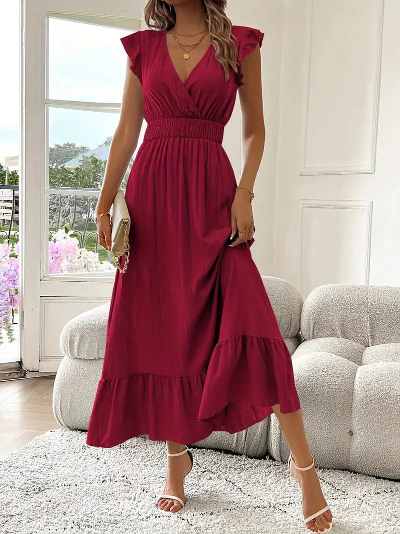 Women's Ruffle Sleeve Maxi Dress with V-Neck and Smocked Waist