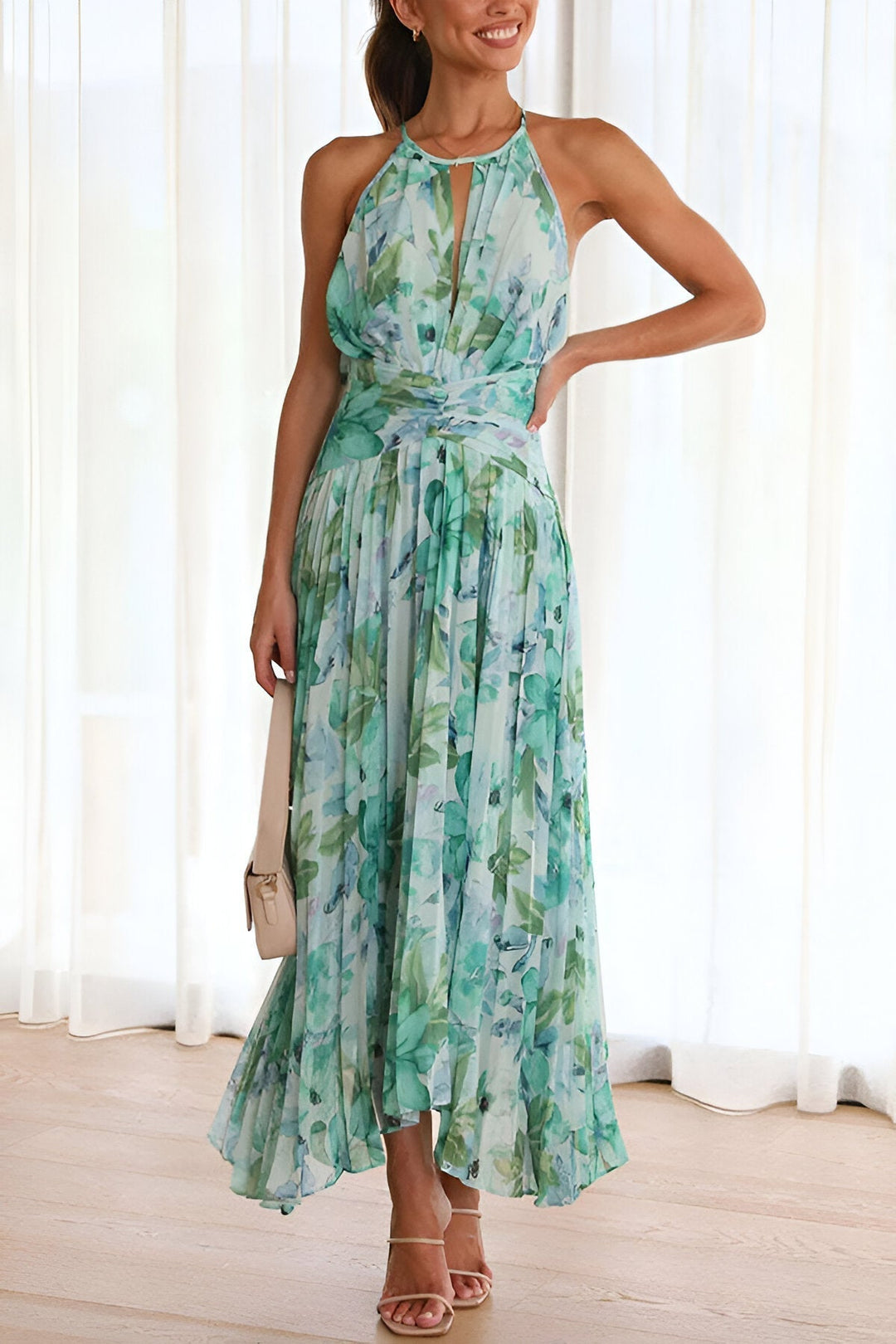 Women's Halter Maxi Dress with Pleated Waist and Watercolor Floral Print
