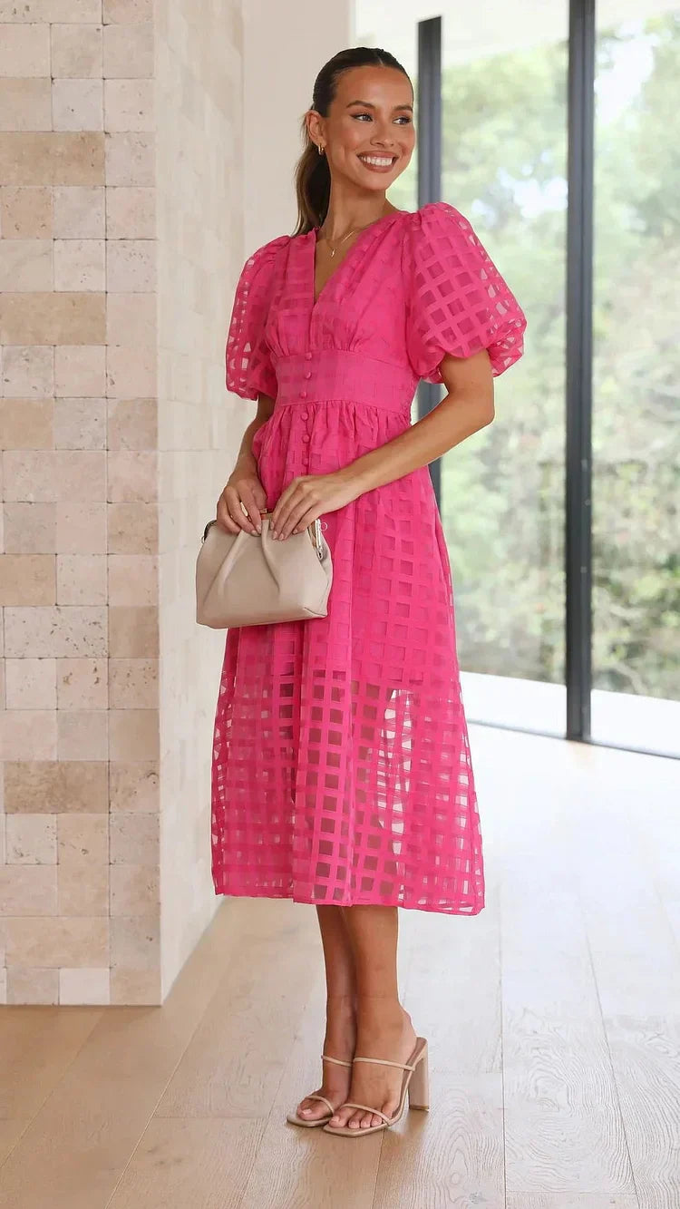 Women's Midi Dress with Puff Sleeves and Grid Pattern