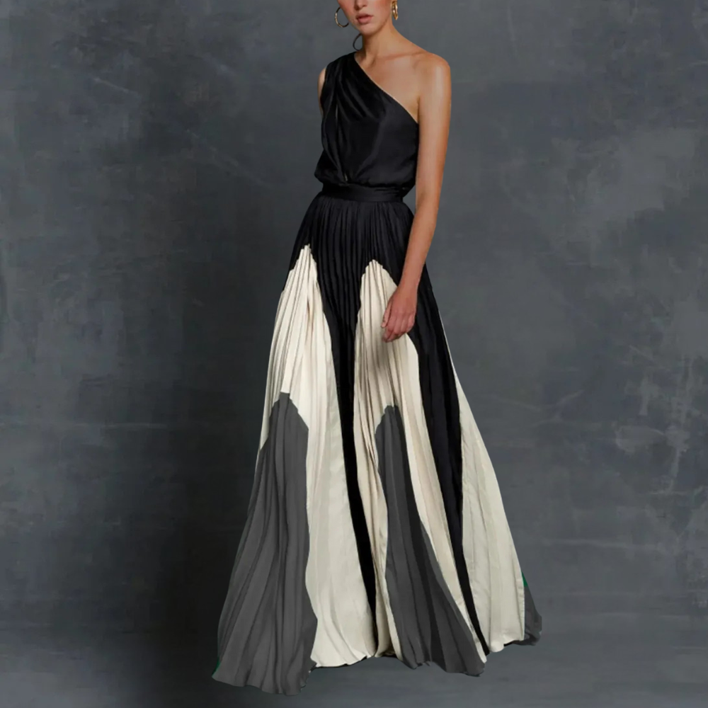 Women's One-Shoulder Pleated Maxi Dress with Colorblock Skirt