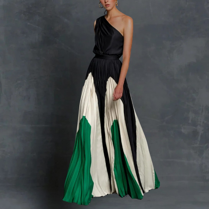 Women's One-Shoulder Pleated Maxi Dress with Colorblock Skirt