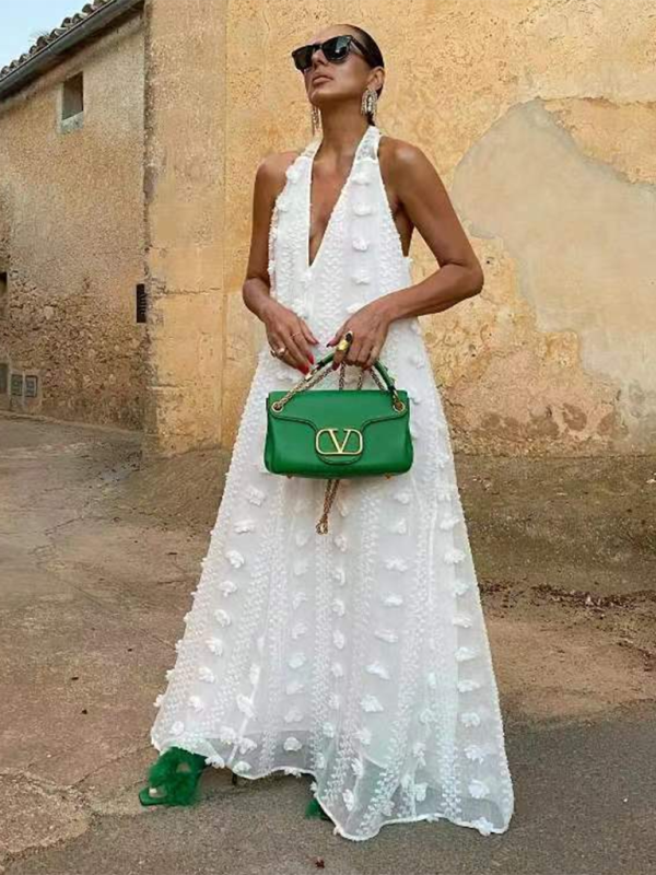 Women's Halterneck Maxi Dress with 3D Flowers