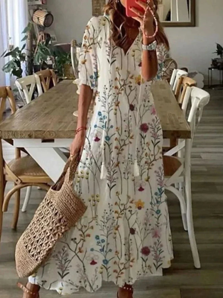 Women's Flowy Floral Long Dress with Sleeves