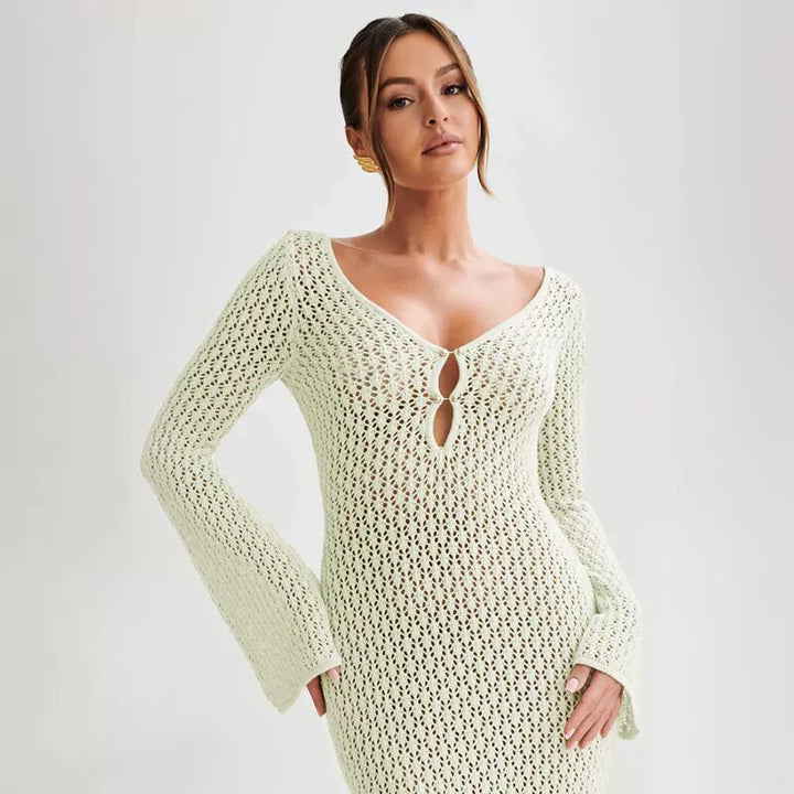 Women's Crochet Knit Maxi Dress with Bell Sleeves