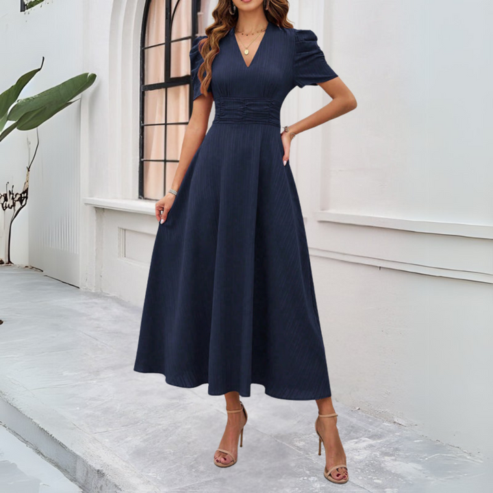 Women's V-Neck Puff Sleeve Maxi Dress with Fitted Waist Detail