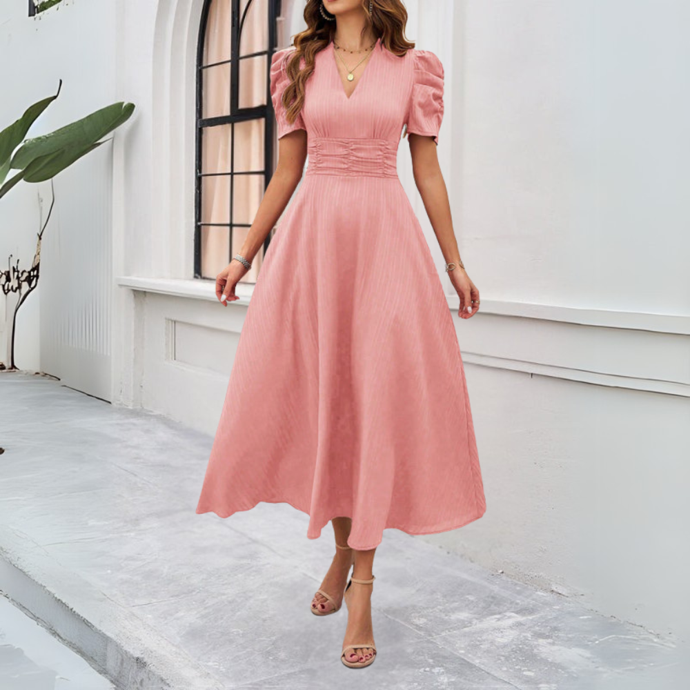 Women's V-Neck Puff Sleeve Maxi Dress with Fitted Waist Detail